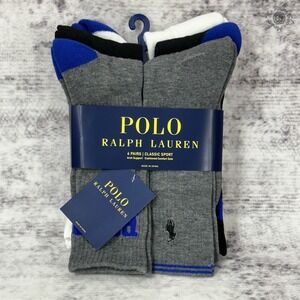 NWT Polo Ralph Lauren Classic Sport Crew Socks Grey/Blue/Black 6pk Men's 10-13